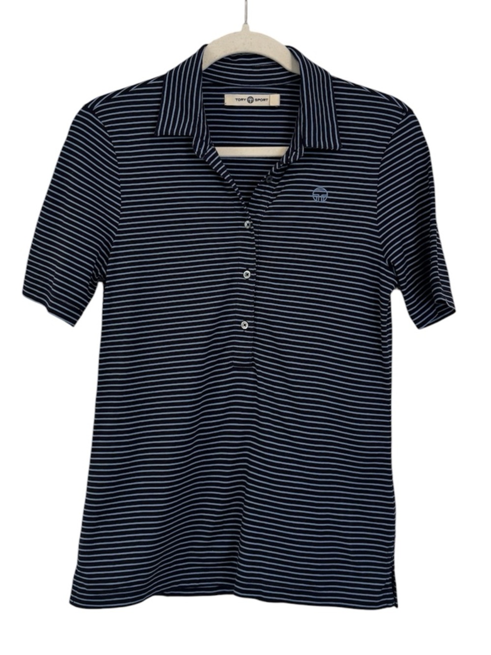 Tory Sport Navy and White Striped Short Sleeve Polo
